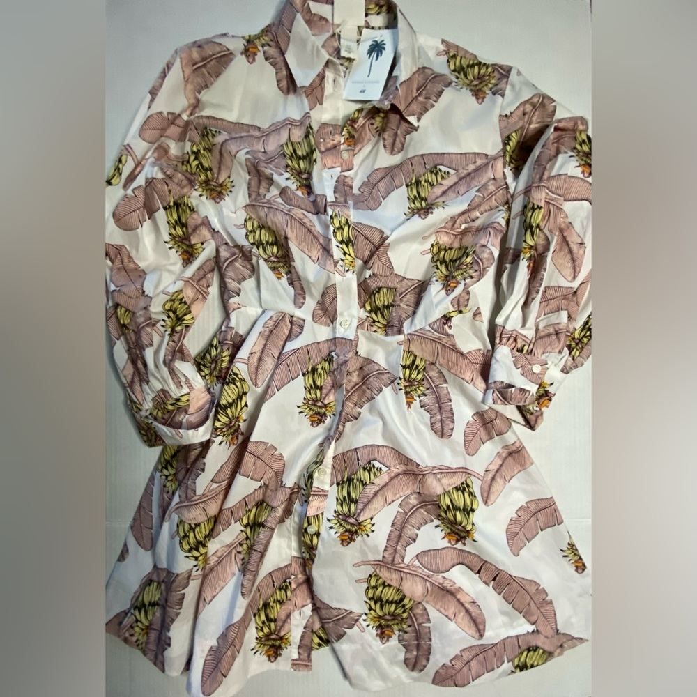 H&M DESMOND AND DEMPSEY TROPICAL PRINT LONG SLEEVE MINI DRESS